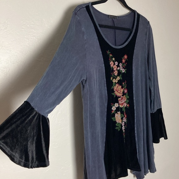 Embroidered Velvet & Stretch Cotton Scoop Neck Long Sleeve Extra Long Top M/L - Picture 6 of 11